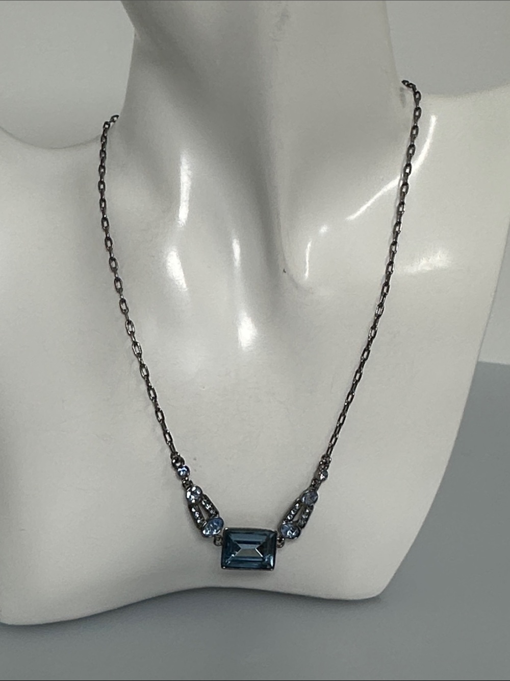 Givenchy Blue Crystal Pendant Necklace - Gunmetal Chain